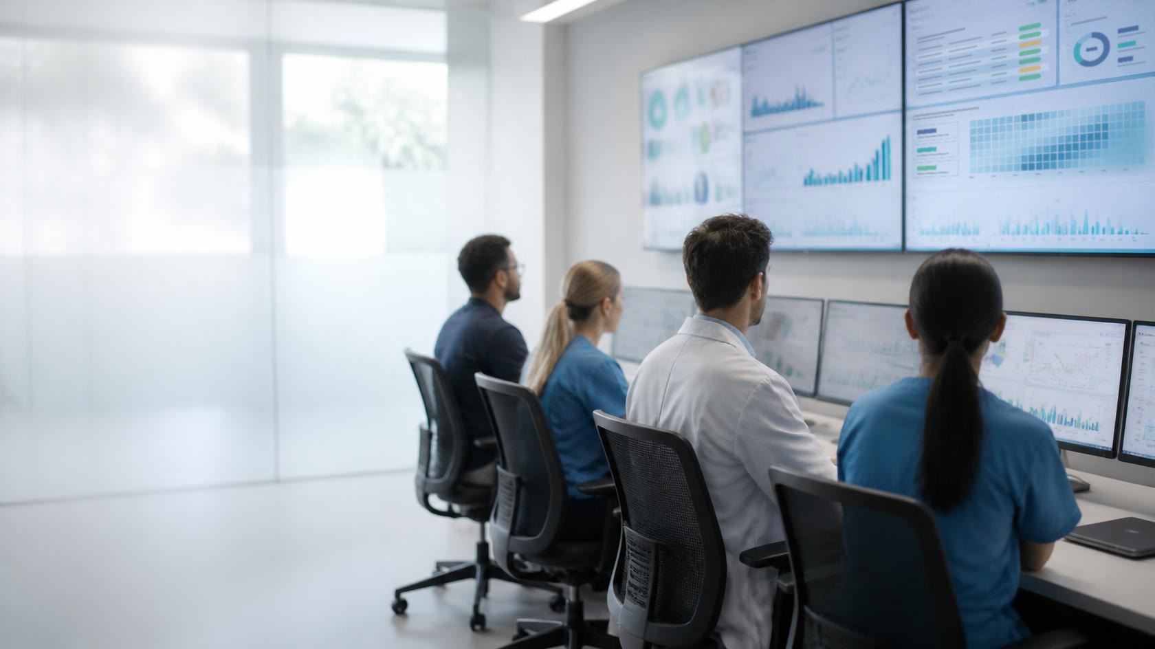 Clinical and IT staff monitoring dashboards in a go-live command center