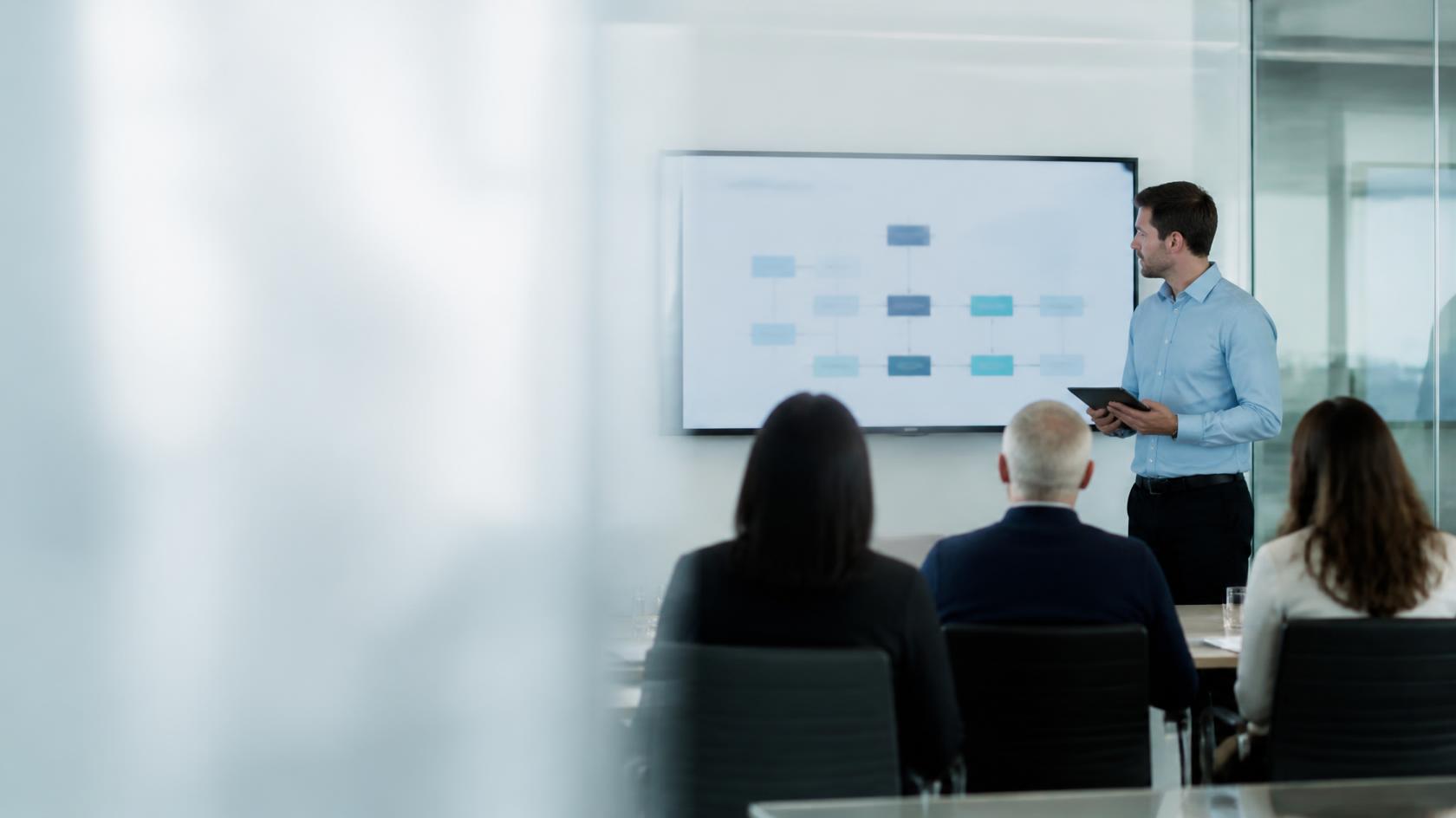 Presenter walking a governance committee through a workflow diagram