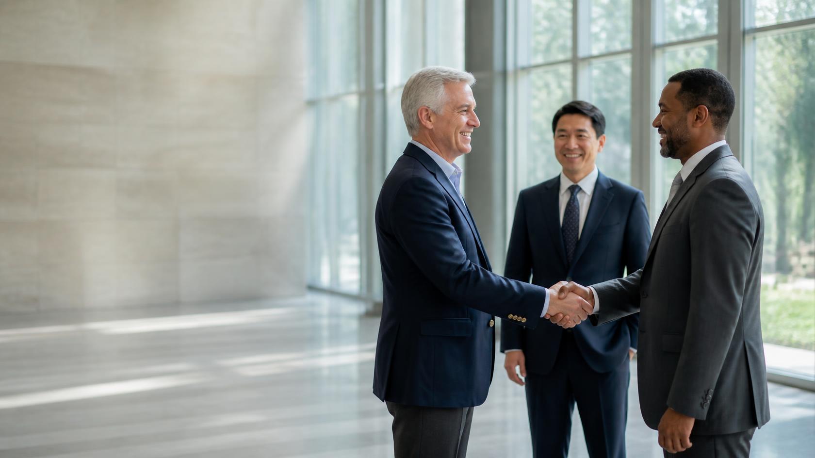 Two health system leaders shaking hands in a sunlit lobby while a colleague looks on